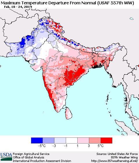 Southern Asia Mean Maximum Temperature Departure from Normal (USAF 557th WW) Thematic Map For 2/18/2019 - 2/24/2019