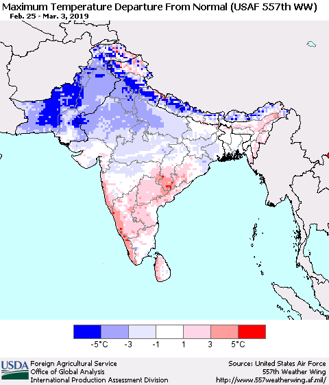 Southern Asia Mean Maximum Temperature Departure from Normal (USAF 557th WW) Thematic Map For 2/25/2019 - 3/3/2019