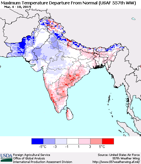Southern Asia Mean Maximum Temperature Departure from Normal (USAF 557th WW) Thematic Map For 3/4/2019 - 3/10/2019