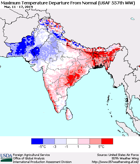 Southern Asia Mean Maximum Temperature Departure from Normal (USAF 557th WW) Thematic Map For 3/11/2019 - 3/17/2019