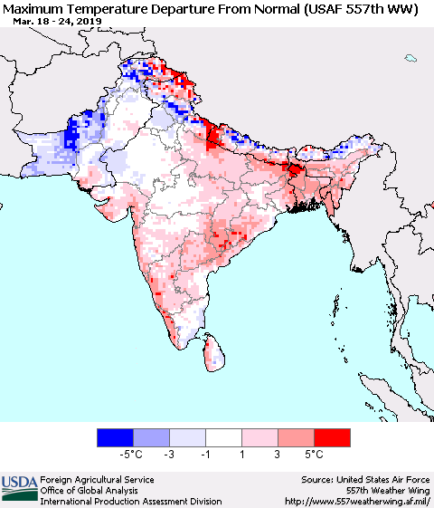 Southern Asia Mean Maximum Temperature Departure from Normal (USAF 557th WW) Thematic Map For 3/18/2019 - 3/24/2019