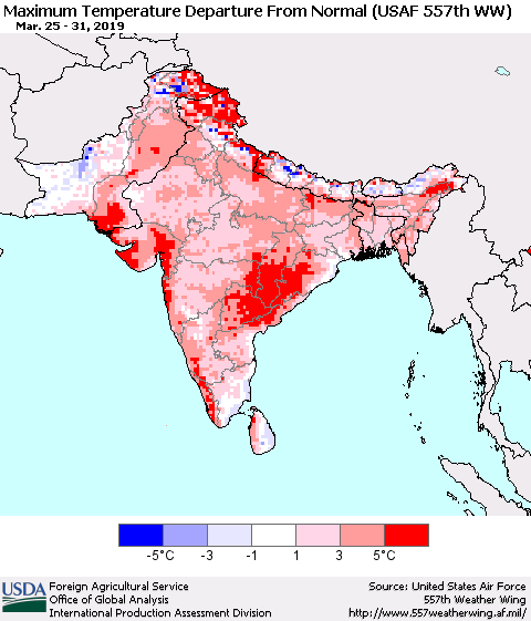Southern Asia Mean Maximum Temperature Departure from Normal (USAF 557th WW) Thematic Map For 3/25/2019 - 3/31/2019