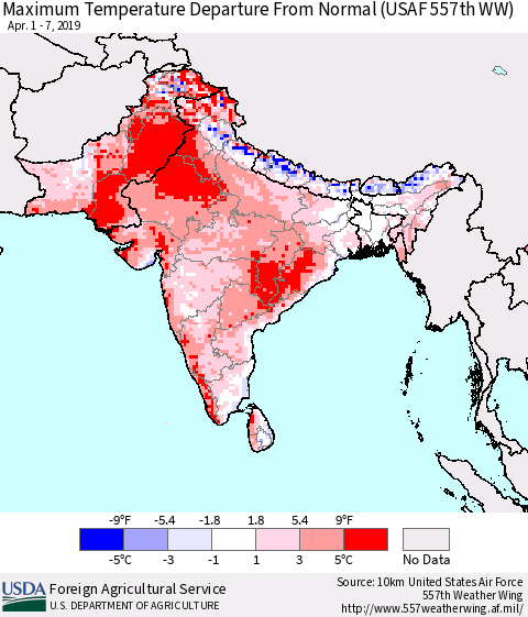 Southern Asia Mean Maximum Temperature Departure from Normal (USAF 557th WW) Thematic Map For 4/1/2019 - 4/7/2019