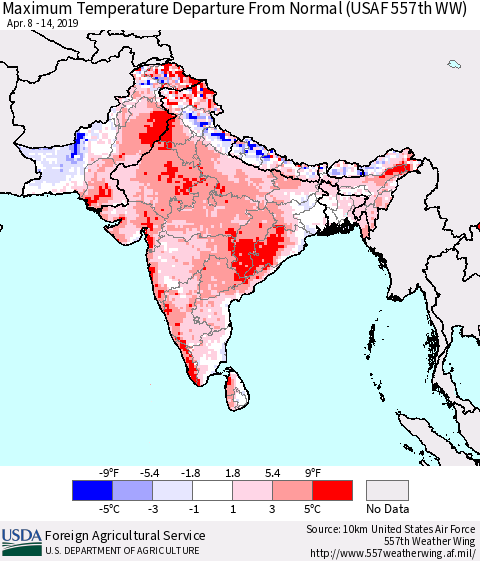 Southern Asia Mean Maximum Temperature Departure from Normal (USAF 557th WW) Thematic Map For 4/8/2019 - 4/14/2019