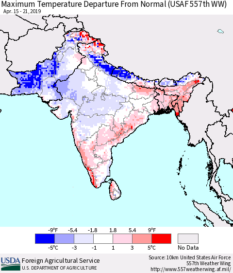 Southern Asia Mean Maximum Temperature Departure from Normal (USAF 557th WW) Thematic Map For 4/15/2019 - 4/21/2019