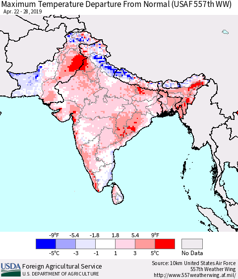 Southern Asia Mean Maximum Temperature Departure from Normal (USAF 557th WW) Thematic Map For 4/22/2019 - 4/28/2019