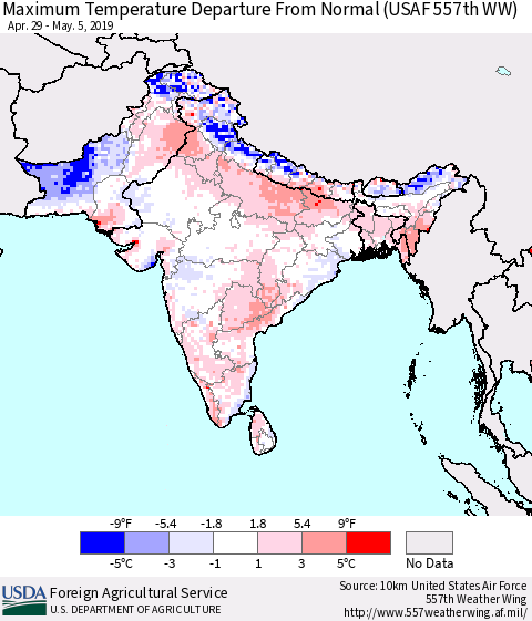 Southern Asia Mean Maximum Temperature Departure from Normal (USAF 557th WW) Thematic Map For 4/29/2019 - 5/5/2019