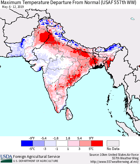 Southern Asia Mean Maximum Temperature Departure from Normal (USAF 557th WW) Thematic Map For 5/6/2019 - 5/12/2019