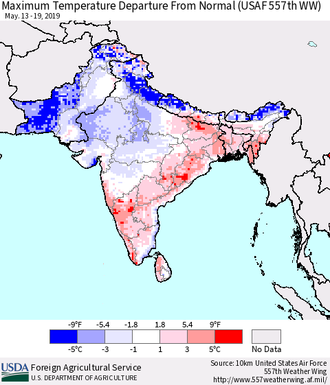 Southern Asia Mean Maximum Temperature Departure from Normal (USAF 557th WW) Thematic Map For 5/13/2019 - 5/19/2019