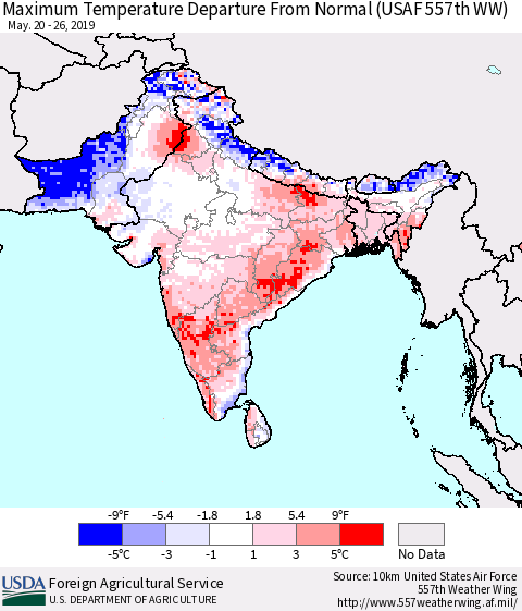 Southern Asia Mean Maximum Temperature Departure from Normal (USAF 557th WW) Thematic Map For 5/20/2019 - 5/26/2019