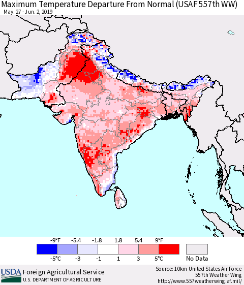 Southern Asia Mean Maximum Temperature Departure from Normal (USAF 557th WW) Thematic Map For 5/27/2019 - 6/2/2019