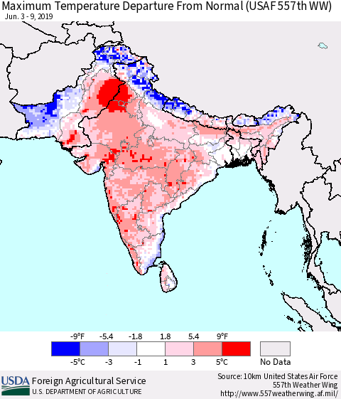 Southern Asia Maximum Temperature Departure From Normal (USAF 557th WW) Thematic Map For 6/3/2019 - 6/9/2019