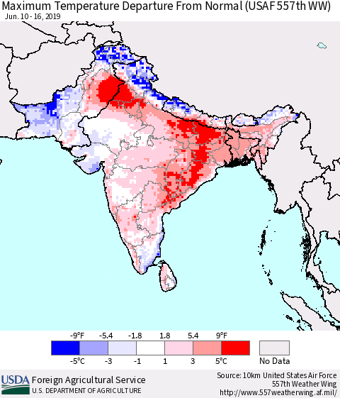 Southern Asia Maximum Temperature Departure From Normal (USAF 557th WW) Thematic Map For 6/10/2019 - 6/16/2019