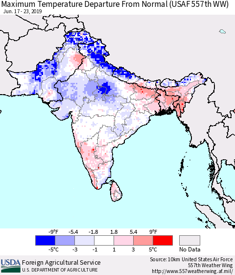 Southern Asia Maximum Temperature Departure From Normal (USAF 557th WW) Thematic Map For 6/17/2019 - 6/23/2019