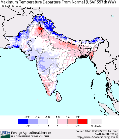 Southern Asia Maximum Temperature Departure From Normal (USAF 557th WW) Thematic Map For 6/24/2019 - 6/30/2019