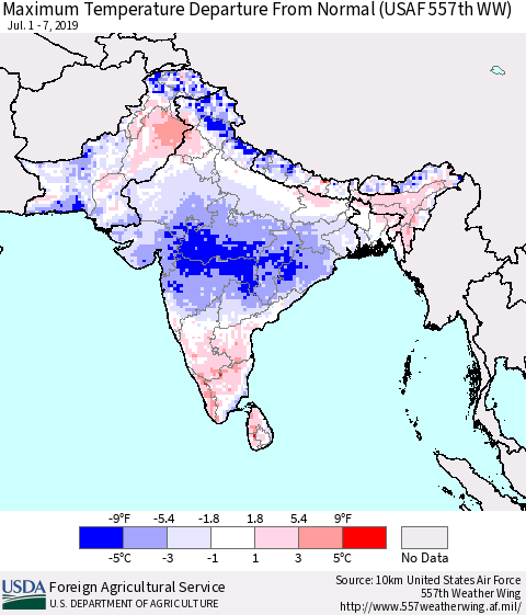 Southern Asia Mean Maximum Temperature Departure from Normal (USAF 557th WW) Thematic Map For 7/1/2019 - 7/7/2019