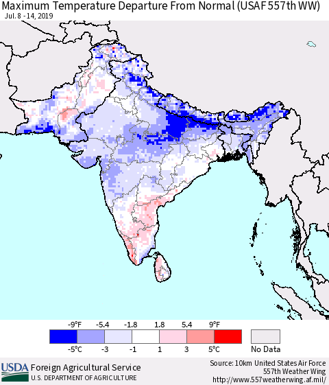 Southern Asia Maximum Temperature Departure From Normal (USAF 557th WW) Thematic Map For 7/8/2019 - 7/14/2019