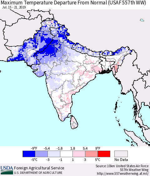 Southern Asia Mean Maximum Temperature Departure from Normal (USAF 557th WW) Thematic Map For 7/15/2019 - 7/21/2019
