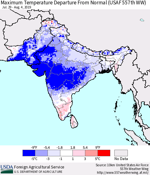 Southern Asia Maximum Temperature Departure From Normal (USAF 557th WW) Thematic Map For 7/29/2019 - 8/4/2019