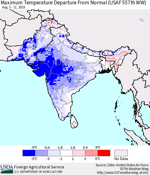 Southern Asia Maximum Temperature Departure From Normal (USAF 557th WW) Thematic Map For 8/5/2019 - 8/11/2019