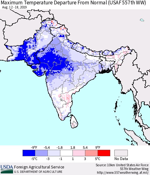 Southern Asia Maximum Temperature Departure From Normal (USAF 557th WW) Thematic Map For 8/12/2019 - 8/18/2019