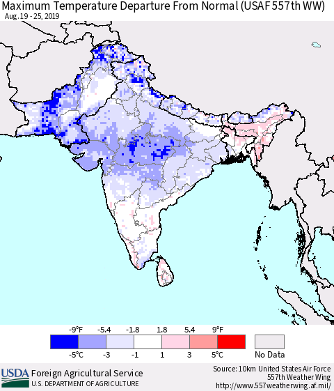 Southern Asia Maximum Temperature Departure From Normal (USAF 557th WW) Thematic Map For 8/19/2019 - 8/25/2019