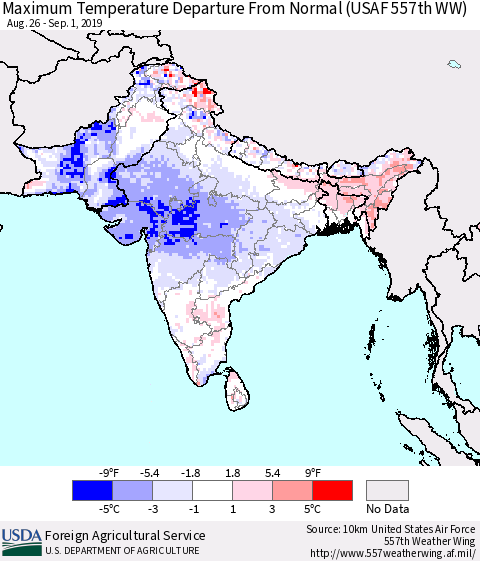 Southern Asia Maximum Temperature Departure From Normal (USAF 557th WW) Thematic Map For 8/26/2019 - 9/1/2019