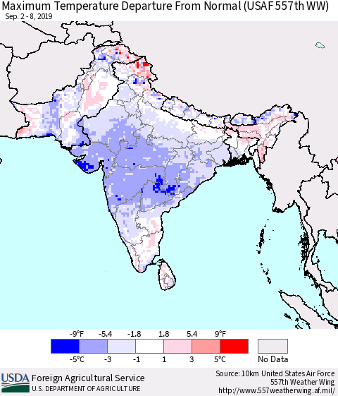 Southern Asia Maximum Temperature Departure From Normal (USAF 557th WW) Thematic Map For 9/2/2019 - 9/8/2019
