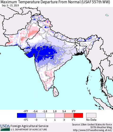 Southern Asia Mean Maximum Temperature Departure from Normal (USAF 557th WW) Thematic Map For 9/9/2019 - 9/15/2019