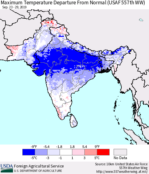 Southern Asia Maximum Temperature Departure From Normal (USAF 557th WW) Thematic Map For 9/23/2019 - 9/29/2019