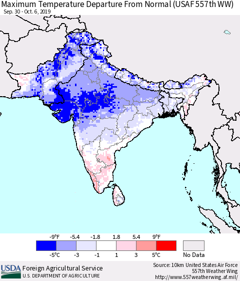 Southern Asia Maximum Temperature Departure From Normal (USAF 557th WW) Thematic Map For 9/30/2019 - 10/6/2019