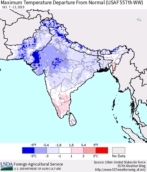 Southern Asia Maximum Temperature Departure From Normal (USAF 557th WW) Thematic Map For 10/7/2019 - 10/13/2019