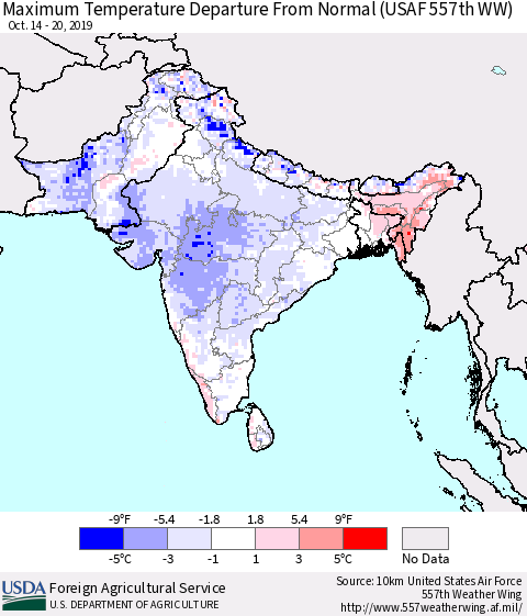Southern Asia Maximum Temperature Departure From Normal (USAF 557th WW) Thematic Map For 10/14/2019 - 10/20/2019