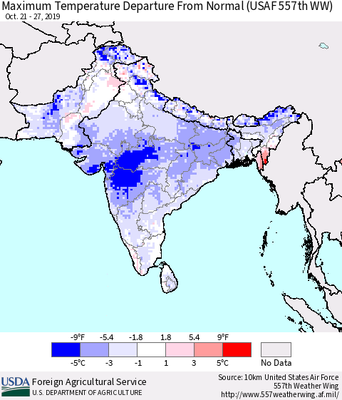 Southern Asia Mean Maximum Temperature Departure from Normal (USAF 557th WW) Thematic Map For 10/21/2019 - 10/27/2019