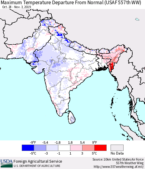 Southern Asia Maximum Temperature Departure From Normal (USAF 557th WW) Thematic Map For 10/28/2019 - 11/3/2019