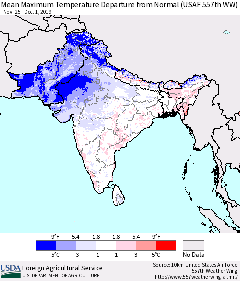 Southern Asia Maximum Temperature Departure From Normal (USAF 557th WW) Thematic Map For 11/25/2019 - 12/1/2019
