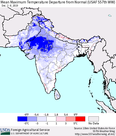 Southern Asia Maximum Temperature Departure From Normal (USAF 557th WW) Thematic Map For 12/2/2019 - 12/8/2019