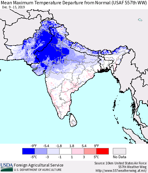 Southern Asia Maximum Temperature Departure From Normal (USAF 557th WW) Thematic Map For 12/9/2019 - 12/15/2019