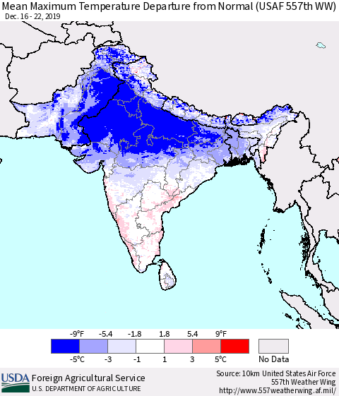 Southern Asia Maximum Temperature Departure From Normal (USAF 557th WW) Thematic Map For 12/16/2019 - 12/22/2019