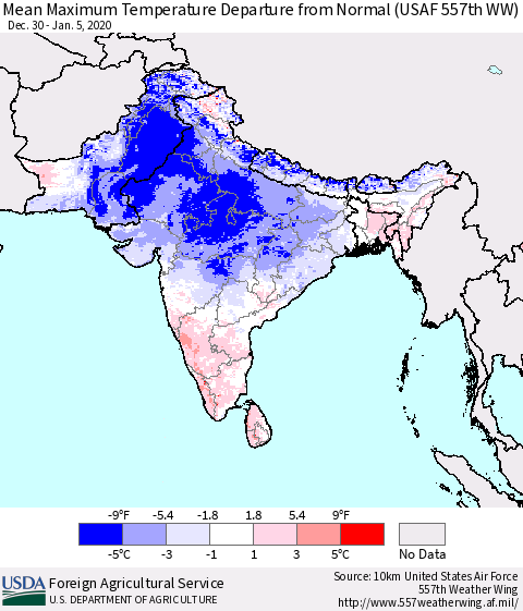 Southern Asia Mean Maximum Temperature Departure from Normal (USAF 557th WW) Thematic Map For 12/30/2019 - 1/5/2020