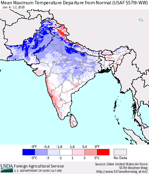 Southern Asia Maximum Temperature Departure From Normal (USAF 557th WW) Thematic Map For 1/6/2020 - 1/12/2020