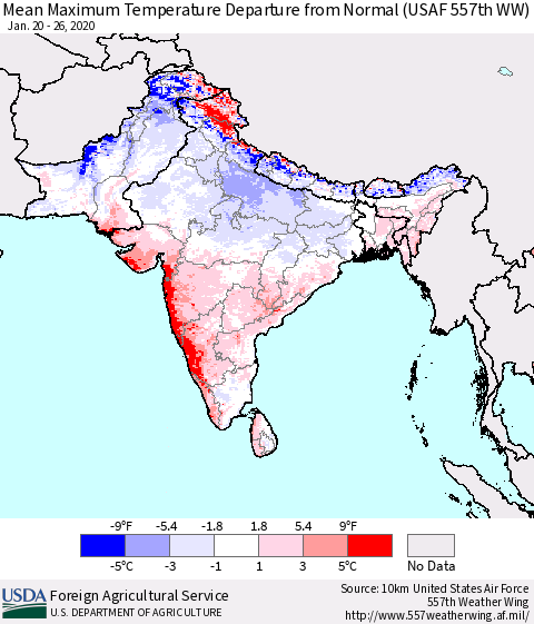 Southern Asia Maximum Temperature Departure From Normal (USAF 557th WW) Thematic Map For 1/20/2020 - 1/26/2020