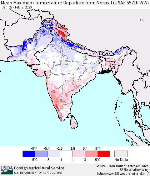 Southern Asia Mean Maximum Temperature Departure from Normal (USAF 557th WW) Thematic Map For 1/27/2020 - 2/2/2020