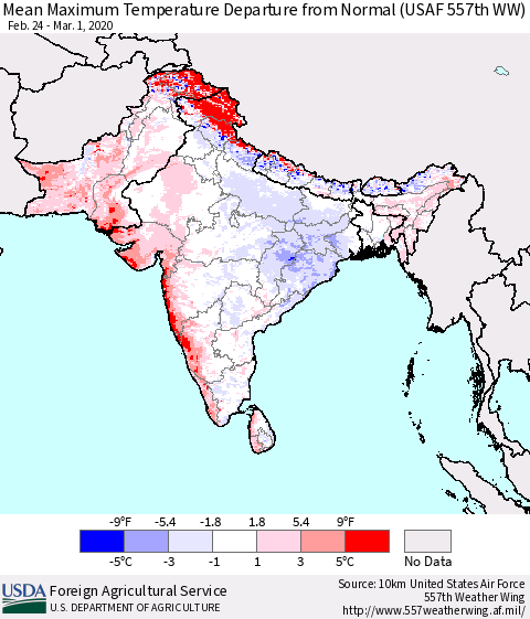 Southern Asia Mean Maximum Temperature Departure from Normal (USAF 557th WW) Thematic Map For 2/24/2020 - 3/1/2020