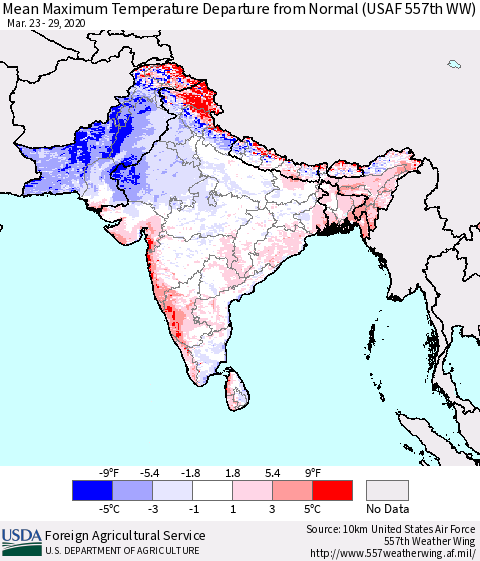 Southern Asia Mean Maximum Temperature Departure from Normal (USAF 557th WW) Thematic Map For 3/23/2020 - 3/29/2020