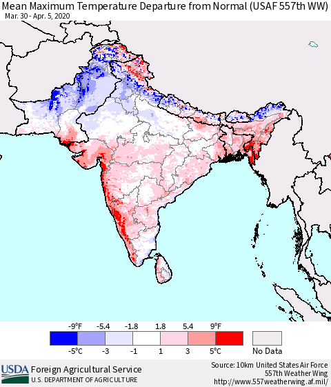 Southern Asia Maximum Temperature Departure From Normal (USAF 557th WW) Thematic Map For 3/30/2020 - 4/5/2020