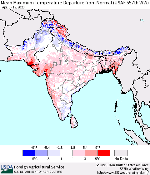 Southern Asia Mean Maximum Temperature Departure from Normal (USAF 557th WW) Thematic Map For 4/6/2020 - 4/12/2020