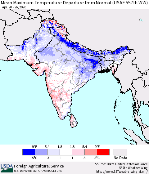 Southern Asia Maximum Temperature Departure From Normal (USAF 557th WW) Thematic Map For 4/20/2020 - 4/26/2020