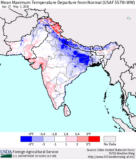 Southern Asia Maximum Temperature Departure From Normal (USAF 557th WW) Thematic Map For 4/27/2020 - 5/3/2020