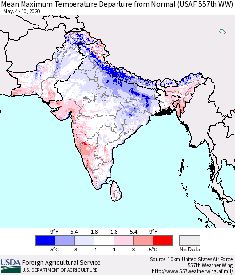 Southern Asia Mean Maximum Temperature Departure from Normal (USAF 557th WW) Thematic Map For 5/4/2020 - 5/10/2020
